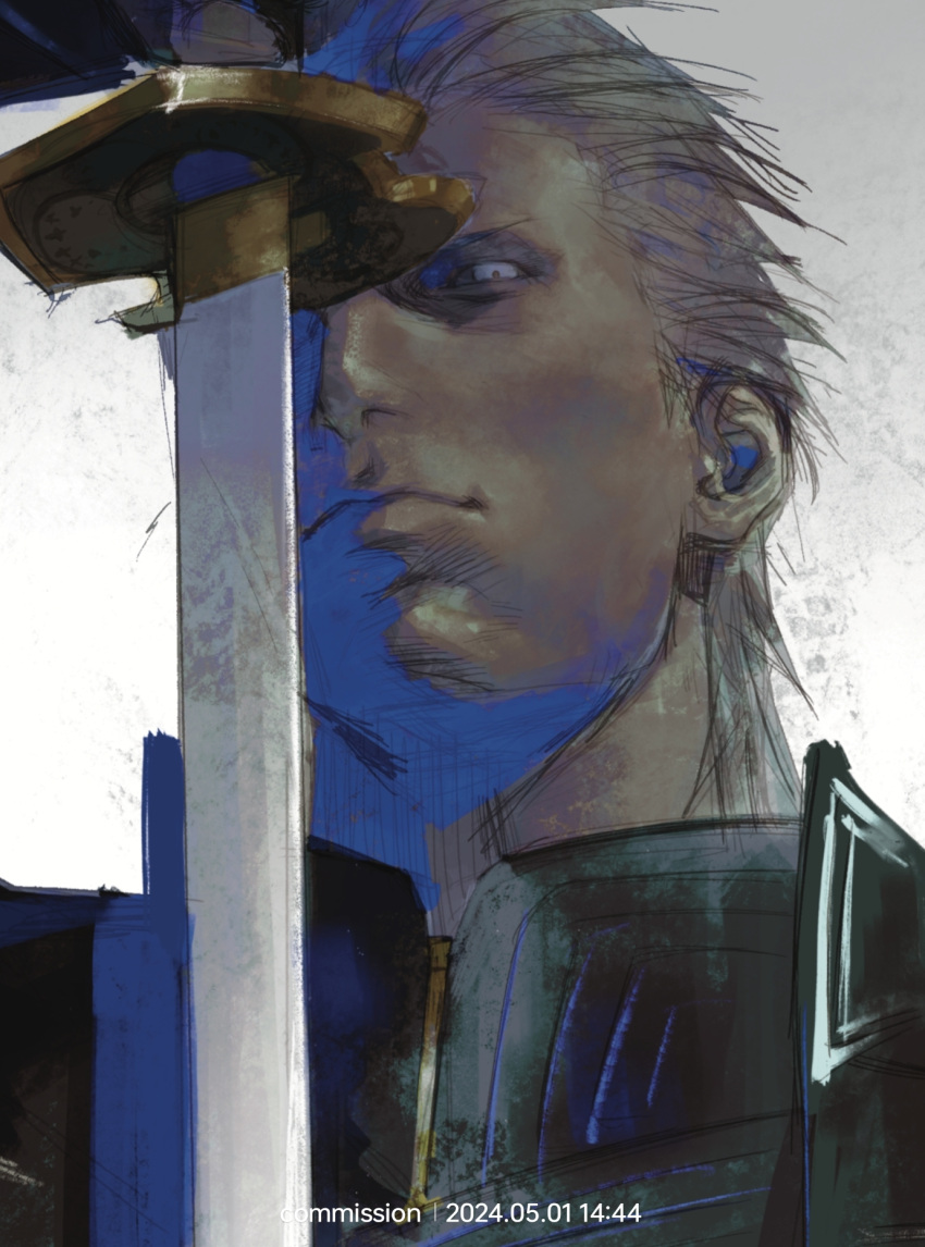 blue_eyes close-up closed_mouth devil_may_cry_(series) devil_may_cry_5 hair_slicked_back highres holding holding_sword holding_weapon katana lips male_focus nose orr2kln3tjteydj portrait realistic smile sword vergil_(devil_may_cry) weapon white_hair yamato_(sword)