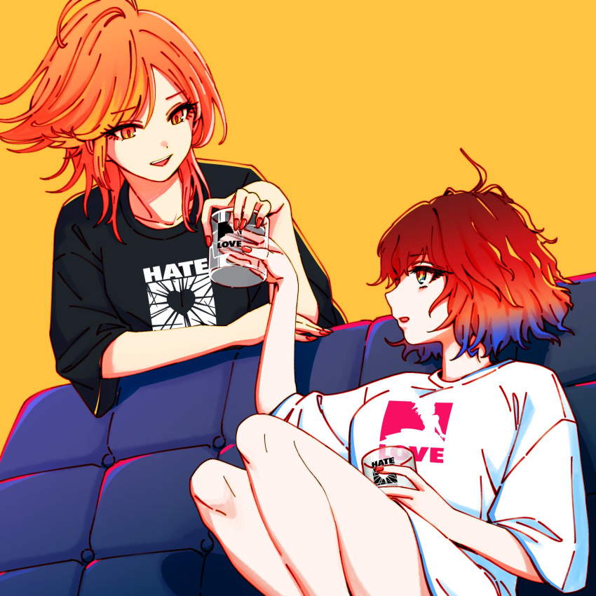 2girls akroglam black_shirt cava_(akroglam) commentary_request couch cup drinking_glass hand_up highres holding holding_cup knees_up long_hair looking_at_another multicolored_hair multiple_girls nail_polish official_art on_couch open_mouth orange_hair profile red_nails redhead second-party_source shirt short_hair short_sleeves sitting smile spitha t-shirt white_shirt yellow_background