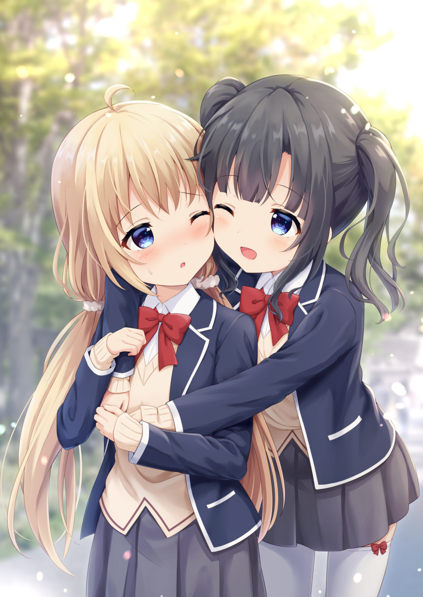 2girls ;d ;o absurdres ahoge arms_up aunt_and_niece behind_another black_jacket blazer blunt_bangs blurry blurry_background blush bow bow_legwear bowtie brown_sweater cheek-to-cheek collared_shirt commentary_request crossed_bangs grey_skirt hair_ornament hair_scrunchie heads_together highres hug itsumura_haruka itsumura_yukari jacket long_hair long_sleeves looking_at_another low_twintails medium_hair miniskirt multiple_girls nose_blush one_eye_closed open_clothes open_jacket open_mouth pleated_skirt re:stage! red_bow red_bowtie scrunchie shirt sidelocks skirt sleeves_past_wrists smile sweater thigh-highs twintails white_scrunchie white_shirt white_thighhighs yutuki_ame