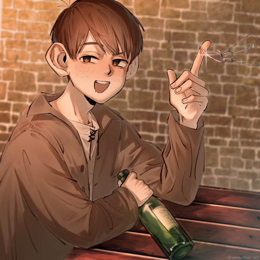 1boy alcohol blush bottle brick_wall brown_eyes brown_hair brown_jacket chilchuck_tims drooling dungeon_meshi highres holding holding_bottle jacket key keyring long_sleeves looking_at_viewer male_focus mouth_drool open_mouth osmanthus_zzz shirt solo table teeth twitter_username upper_body upper_teeth_only wine_bottle