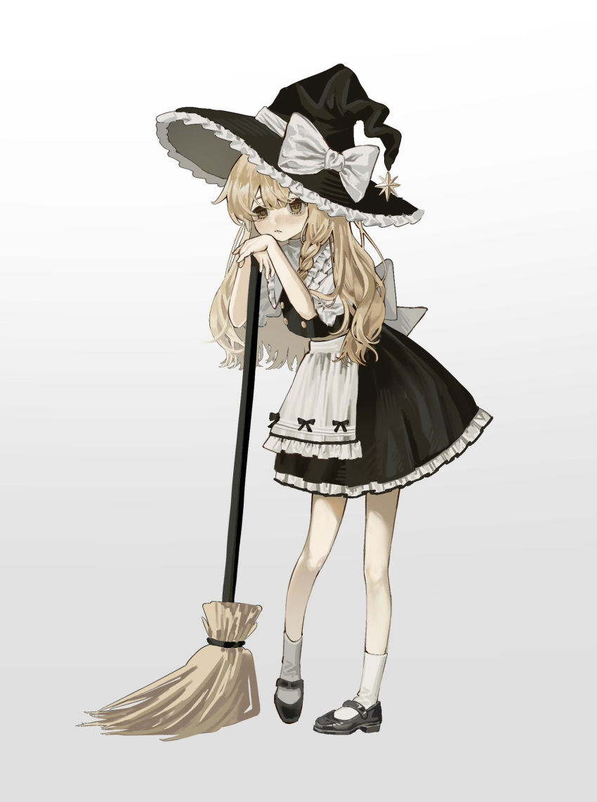 1girl apron back_bow black_hat black_skirt black_vest blonde_hair bow braid broom closed_mouth frilled_apron frilled_headwear frilled_skirt frills full_body gradient_background grey_background guiuiuiui hashtag-only_commentary hat hat_bow highres holding holding_broom kirisame_marisa leaning_on_broom long_hair looking_at_viewer short_sleeves single_braid skirt socks solo touhou very_long_hair vest white_apron white_background white_bow white_socks witch_hat yellow_eyes
