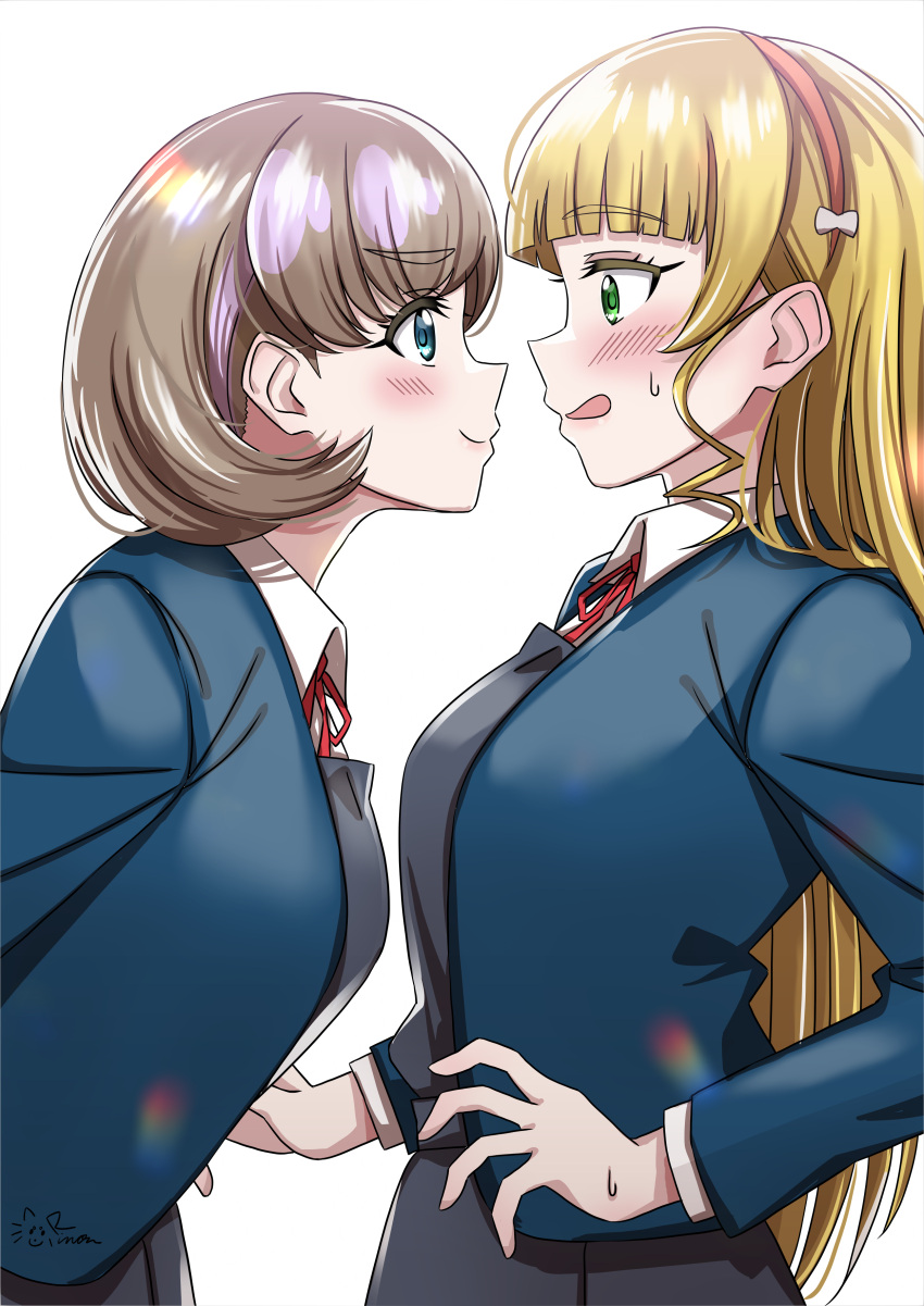 2girls absurdres blonde_hair blue_eyes blue_jacket blunt_bangs blush breasts closed_mouth collared_shirt commentary_request dress from_side grey_dress grey_hair hairband heanna_sumire highres jacket leaning_forward long_hair long_sleeves looking_at_another love_live! love_live!_superstar!! medium_breasts multiple_girls neck_ribbon open_clothes open_jacket open_mouth orange_hairband pinafore_dress red_ribbon ribbon rinon42600 school_uniform shirt short_hair sidelocks signature sleeveless sleeveless_dress standing sweatdrop tang_keke upper_body white_background white_shirt winter_uniform yuigaoka_school_uniform yuri