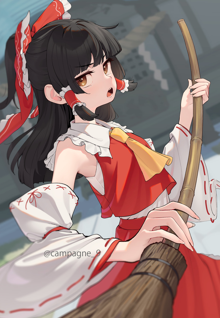 1girl annoyed armpits artist_name black_hair bow broom brown_eyes detached_sleeves from_side hair_bow hakurei_reimu highres holding holding_broom jacket kanpa_(campagne_9) looking_at_viewer nontraditional_miko red_bow red_jacket red_skirt shirt shrine skirt solo touhou white_shirt white_sleeves