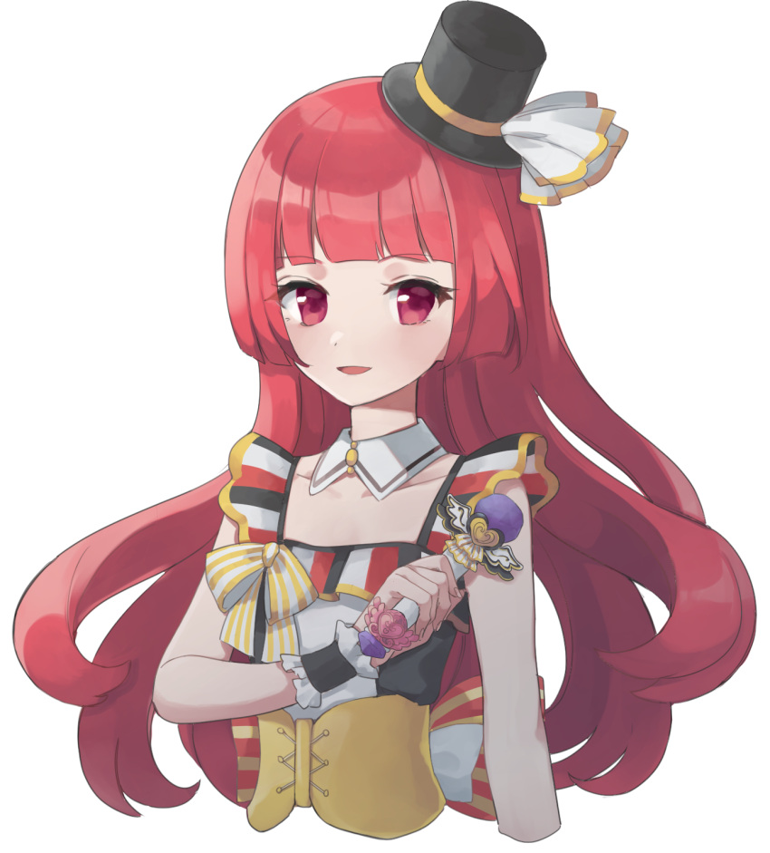 1girl :d bad_id bad_twitter_id blunt_bangs corset cropped_torso detached_collar hat highres hojo_sophy holding holding_microphone idol_clothes inactive_account long_hair looking_at_viewer microphone mini_hat mini_top_hat open_mouth pretty_series pripara red_eyes redhead shiyurinpu simple_background smile solo tilted_headwear top_hat upper_body white_background