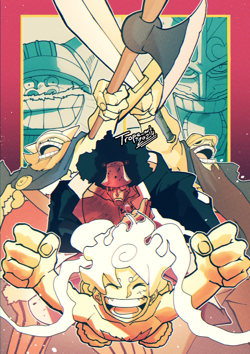 2024 4boys ^_^ absurdres arms_up artist_name bartholomew_kuma beard black_hair brogy brown_hair cape closed_eyes dorry english_commentary facial_hair glasses hagoromo hat highres holding holding_sword holding_weapon long_beard looking_at_viewer male_focus monkey_d._luffy multiple_boys one_piece open_mouth red_background scar scar_on_face shawl short_hair sword topless_male trope_art weapon white_hair