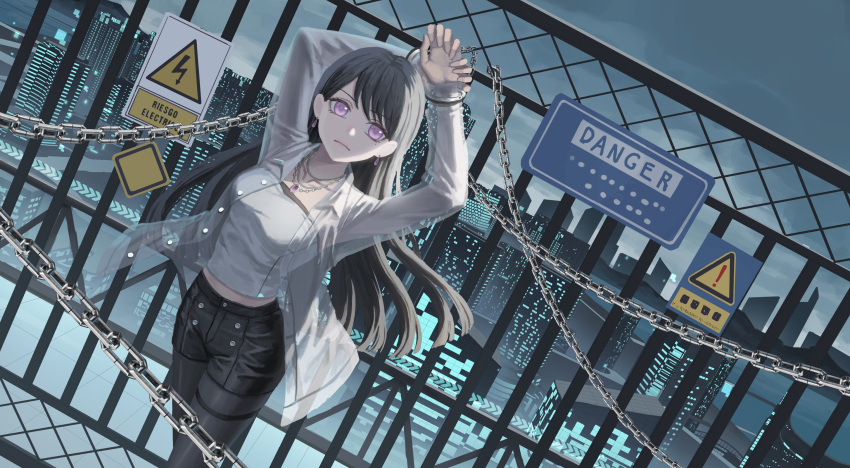 1girl arms_up bang_dream! bang_dream!_it's_mygo!!!!! black_pantyhose black_shorts bound bound_wrists brown_hair chain chained chinese_commentary cityscape closed_mouth commentary_request cuffs earrings feet_out_of_frame handcuffs highres jewelry long_hair looking_at_viewer necklace night open_clothes open_shirt outdoors pantyhose railing see-through see-through_shirt shiina_taki shirt shorts sign solo violet_eyes warning_sign white_shirt xukong