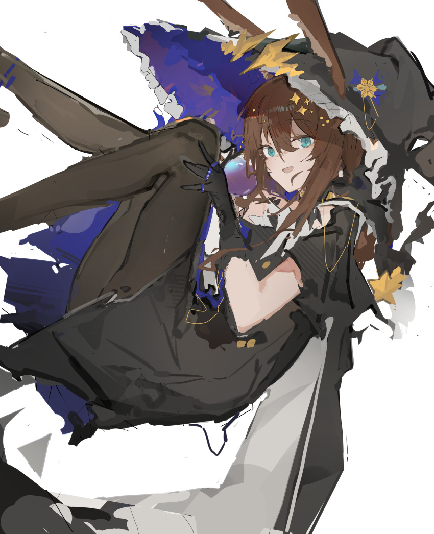 1girl absurdres amiya_(arknights) animal_ears arknights black_dress black_gloves black_pantyhose blue_eyes brown_hair cloak commentary_request dress feet_out_of_frame frilled_hat frills from_side full_body gloves hair_between_eyes hair_ornament hand_on_own_leg hat head_tilt highres hood hood_down hooded_cloak jewelry jumbowhopper knee_up legs_up long_hair looking_at_viewer multiple_rings open_mouth pantyhose parted_bangs rabbit_ears ring sidelocks simple_background sleeveless sleeveless_dress smile solo swept_bangs white_background witch witch_hat