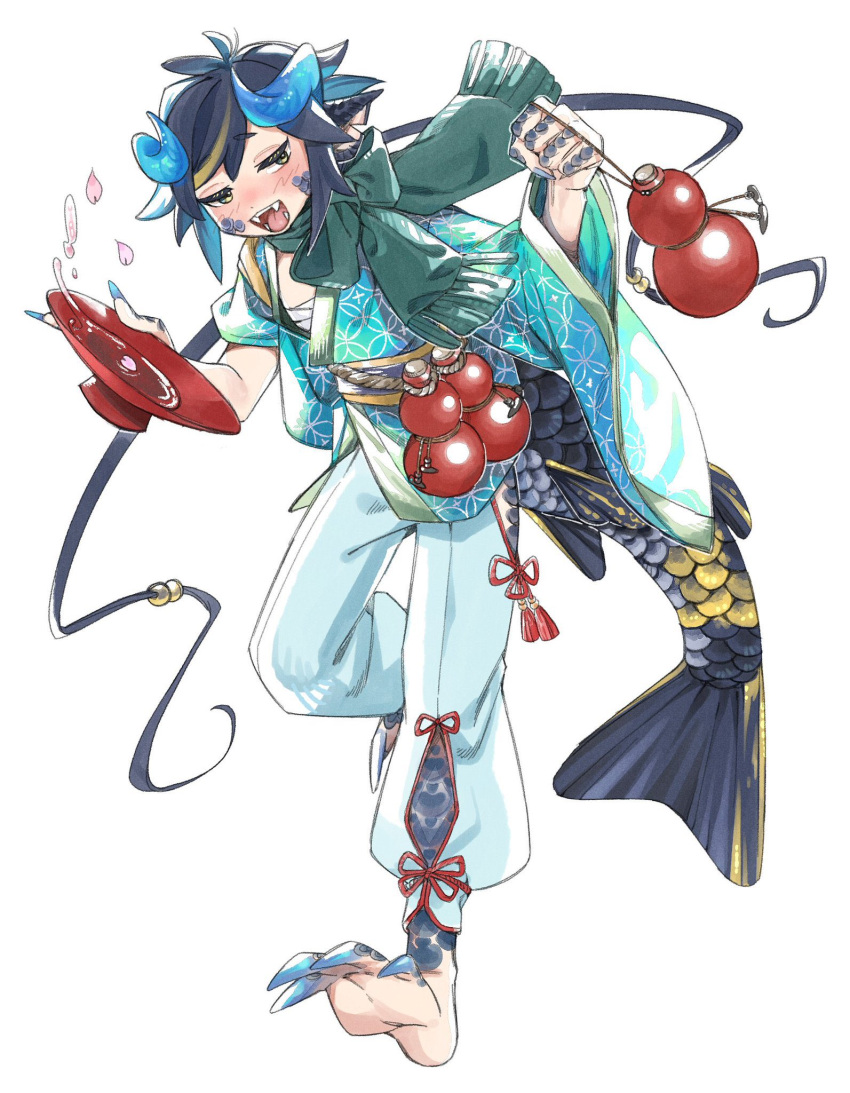 1girl alcohol animal_ears animal_feet animal_hands baggy_pants barefoot blue_eyes blue_hair blue_horns blue_kimono blue_scales blush chest_sarashi chinese_zodiac claws cup dragon_ears dragon_girl dragon_horns fangs fins fish_tail full_body gourd green_scarf hands_up highres hip_vent holding holding_cup holding_gourd horns japanese_clothes kimono long_sleeves looking_at_viewer monster_girl multicolored_eyes notched_ear open_mouth original pants pink_petals rramarukun running sakazuki sake sarashi scales scarf short_hair_with_long_locks simple_background solo tail white_background wide_sleeves year_of_the_dragon yellow_eyes