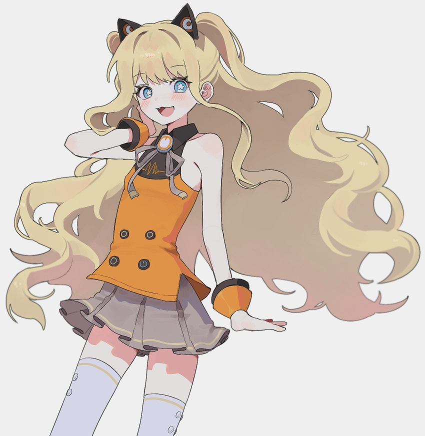 1girl :3 animal_ears blonde_hair blue_eyes cat_ears collared_shirt fake_animal_ears fang hand_up highres long_hair looking_at_viewer marry_me_s2 mechanical_ears neck_ribbon open_mouth ribbon seeu shirt skirt sleeveless sleeveless_shirt smile solo star-shaped_pupils star_(symbol) symbol-shaped_pupils thigh-highs two_side_up very_long_hair vocaloid wrist_cuffs