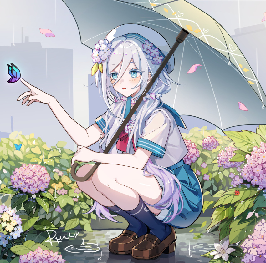 1girl absurdres beret blue_butterfly blue_eyes blue_sailor_collar blue_skirt blue_socks bow bowtie brown_footwear bug butterfly day flower grey_hair hair_between_eyes hair_flower hair_ornament hand_up hat highres holding holding_umbrella hydrangea index_finger_raised legs_together loafers low_twintails miniskirt original outdoors overcast pink_flower pleated_skirt puddle rain red_bow red_bowtie ripples sailor_collar school_uniform serafuku shirt shoes short_sleeves sidelocks signature skirt sky socks solo squatting tianqing_mw transparent transparent_umbrella twintails umbrella white_hat white_shirt