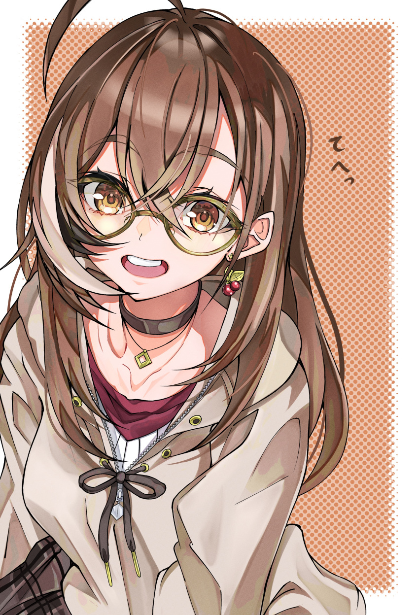 1girl absurdres ahoge berry black_choker brown_eyes brown_hair brown_hoodie brown_skirt choker crossed_bangs double-parted_bangs earrings food-themed_earrings glasses gummy_candy_93 hair_between_eyes highres hololive hololive_english hood hoodie jewelry long_hair looking_at_viewer multicolored_hair nanashi_mumei nanashi_mumei_(casual) official_alternate_costume orange_background plaid plaid_skirt red_shirt round_eyewear shirt simple_background skirt smile streaked_hair sweater teeth upper_teeth_only virtual_youtuber white_sweater