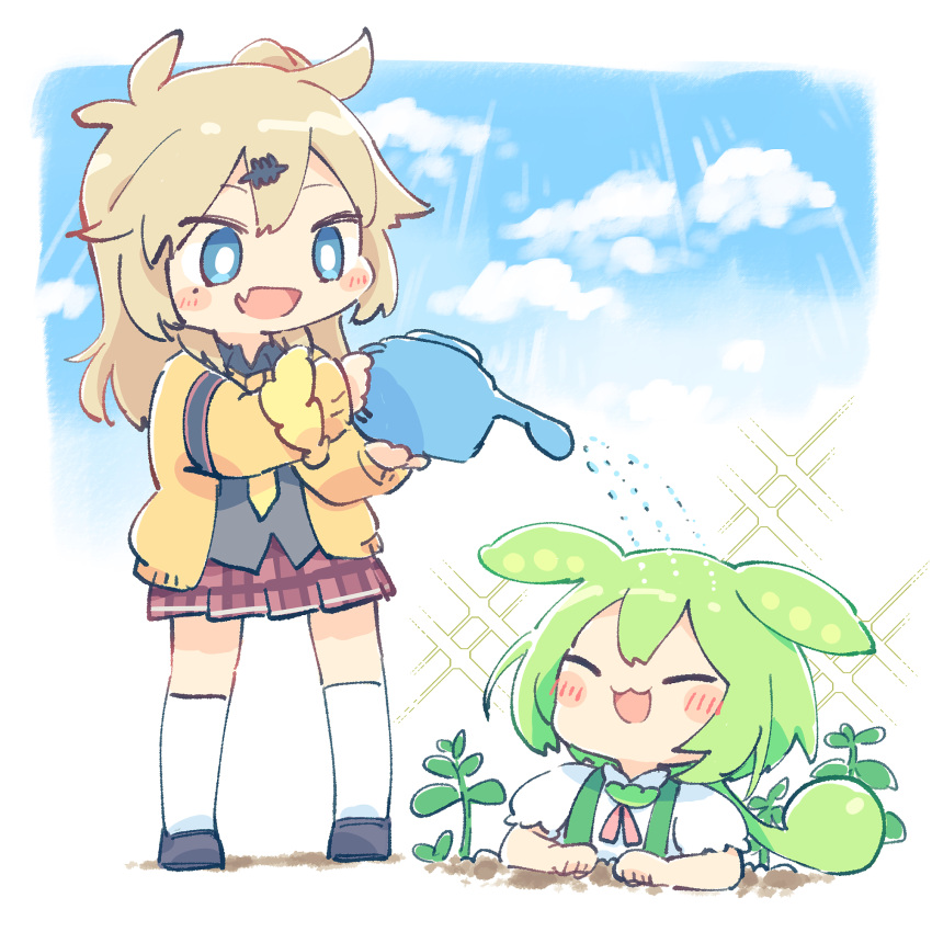 1girl :3 animal_ears ascot ayakashi_(monkeypanch) black_shirt blonde_hair blue_eyes blue_sky blush_stickers border bright_pupils brown_footwear chibi closed_mouth clouds collared_shirt dirt fang green_hair green_suspenders hair_between_eyes hair_ornament highres holding holding_watering_can jacket kasukabe_tsumugi long_hair looking_at_another low_ponytail mole mole_under_eye necktie open_clothes open_jacket open_mouth plaid plaid_skirt plant puffy_short_sleeves puffy_sleeves red_ascot red_skirt shirt short_sleeves sidelocks skin_fang skirt sky smile socks sparkle standing voicevox watering_can white_border white_pupils white_shirt white_socks yellow_jacket yellow_necktie zundamon