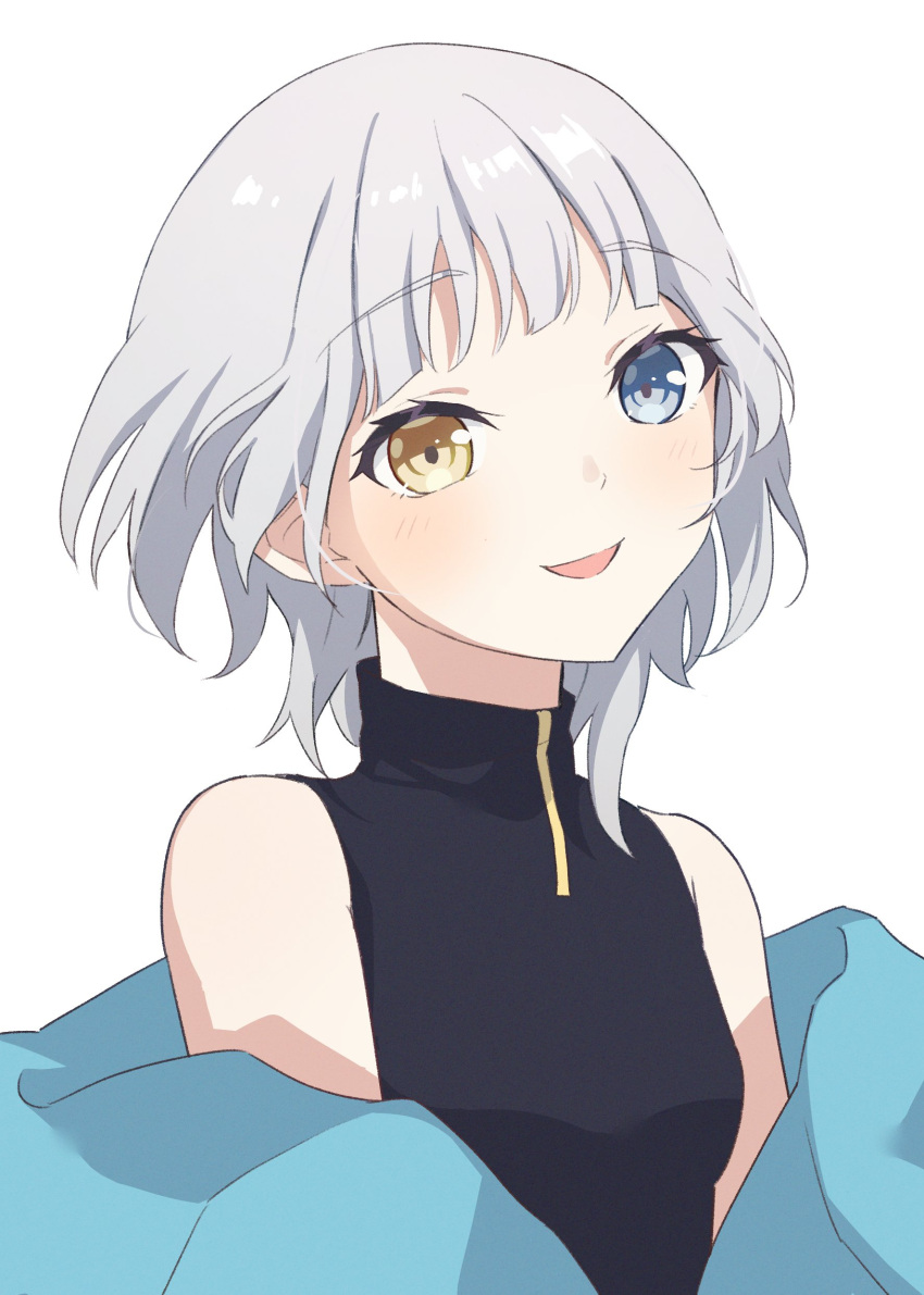 1girl absurdres bang_dream! bang_dream!_it's_mygo!!!!! bare_shoulders black_shirt blue_eyes blue_jacket blush commentary heterochromia highres jacket kaname_raana lavirince looking_at_viewer off_shoulder open_mouth shirt short_hair simple_background sleeveless sleeveless_shirt smile solo upper_body white_background white_hair wolf_cut yellow_eyes