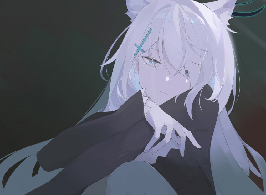 1girl animal_ear_fluff animal_ears black_background black_dress blue_archive blue_eyes breasts closed_mouth cross_hair_ornament crossed_arms dress hair_ornament halo heterochromia highres long_hair long_sleeves looking_at_viewer shen_(1542046839) shiroko_(blue_archive) shiroko_terror_(blue_archive) solo upper_body white_hair wolf_ears