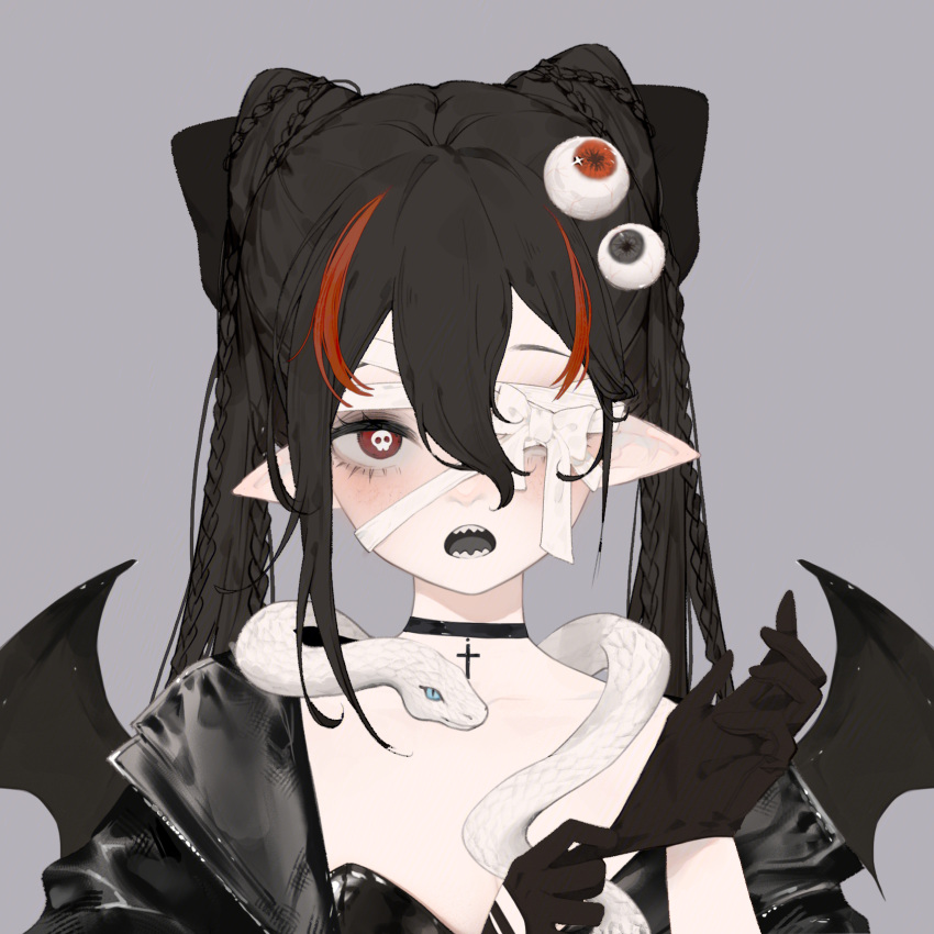 1girl bandage_over_one_eye black_bow black_choker black_eyeshadow black_gloves black_hair black_jacket black_shirt black_wings bow braid braided_bun bright_pupils chinese_commentary choker collarbone collared_jacket commentary_request cone_hair_bun cross cross_choker demon_wings double_bun eye_hair_ornament eyeshadow gloves grey_background hair_between_eyes hair_bow hair_bun highres jacket makeup mugoa_mugo multicolored_hair multiple_braids open_clothes open_jacket open_mouth original pointy_ears polka_dot polka_dot_bow putting_on_gloves red_eyes redhead sharp_teeth shirt simple_background skull-shaped_pupils snake solo straight-on streaked_hair symbol-shaped_pupils teeth twintails upper_body white_bow white_pupils wings zipper