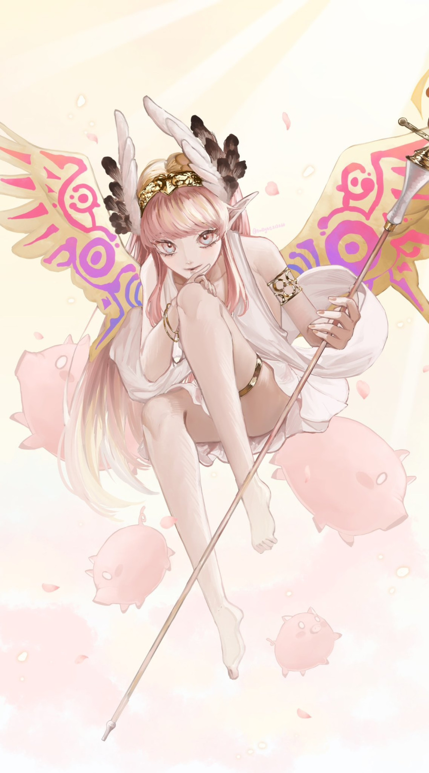 1girl armlet bare_shoulders barefoot bracelet circe_(fate) circlet dress fate/grand_order fate_(series) feathered_wings head_wings highres holding holding_staff jewelry long_hair looking_at_viewer me-me multicolored_eyes necklace open_mouth pig pink_hair pointy_ears skirt staff thighlet wings