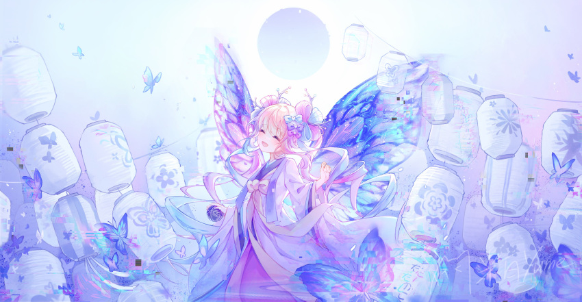 1girl absurdres blonde_hair blue_background blue_bow blue_butterfly blue_hair blue_wings bow bug butterfly butterfly_wings chinese_commentary chouzetsusaikawa_tenshi-chan closed_eyes commentary_request facing_viewer gekkou_chou hair_bow hair_branch hair_rings hand_up highres insect_wings japanese_clothes kimono lantern long_hair long_sleeves mibai_yume moon multicolored_hair multiple_hair_bows needy_girl_overdose official_alternate_costume open_mouth paper_lantern pink_bow pink_hair purple_bow smile solo upper_body wide_sleeves wings