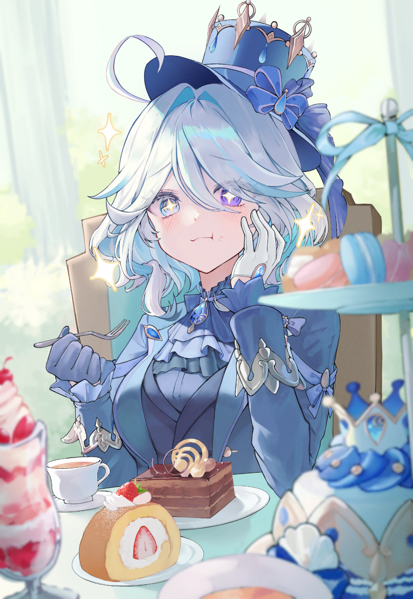 "pour_la_justice"_(genshin_impact) +_+ 1girl :t ahoge ascot asymmetrical_gloves blue_ascot blue_bow blue_eyes blue_gemstone blue_gloves blue_hair blue_hat blue_jacket blue_ribbon blue_shirt blurry blurry_background blurry_foreground blush bow brooch cake cake_slice chair cherry chocolate_cake closed_mouth commentary cup english_commentary eyelashes food food_on_face foodgasm fork fruit furina_(genshin_impact) gem genshin_impact gloves hair_between_eyes hair_intakes hand_on_own_cheek hand_on_own_face hands_up hat hat_bow heterochromia highres holding holding_fork hydro_symbol_(genshin_impact) jacket jewelry lapels long_sleeves macaron mismatched_gloves multicolored_hair on_chair open_clothes open_jacket parfait parted_bangs plate ribbon saucer seo_pport shirt short_hair sidelocks sitting sleeve_cuffs smile solo sparkle strawberry strawberry_parfait streaked_hair swept_bangs swiss_roll table tea teacup tiered_tray tilted_headwear top_hat upper_body violet_eyes whipped_cream white_gloves white_hair