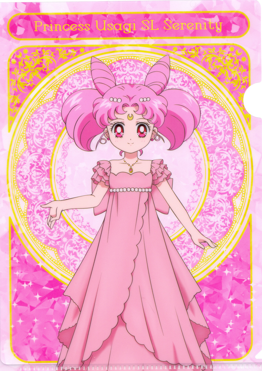 1girl absurdres back_bow bare_arms bishoujo_senshi_sailor_moon bishoujo_senshi_sailor_moon_crystal bow character_name chibi_usa closed_mouth collarbone cone_hair_bun crescent crescent_facial_mark curly_sidelocks double_bun dress facial_mark forehead_mark full_body hair_bun highres jewelry looking_at_viewer necklace official_art pink_background pink_bow pink_dress pink_hair pink_theme red_eyes scan short_hair small_lady_serenity smile solo standing straight-on takahashi_akira twintails