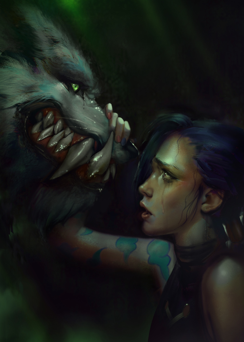 1boy 1girl absurdres animal_ears arcane:_league_of_legends arcane_jinx arm_tattoo asymmetrical_bangs bare_shoulders blue_hair body_fur brown_choker choker cloud_tattoo commentary english_commentary fangs fingerless_gloves gloves green_eyes grey_fur hand_on_another's_face highres holding jinx_(league_of_legends) league_of_legends long_hair looking_at_another open_mouth pink_eyes sharp_teeth shoulder_tattoo tattoo teeth wanda_(wandakun) warwick werewolf