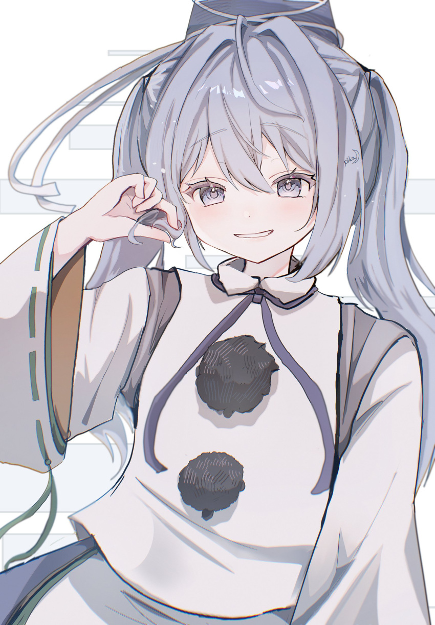 1girl absurdres alternate_hairstyle blush commentary_request grey_eyes grey_hair hand_in_own_hair hat highres japanese_clothes kariginu long_hair long_sleeves looking_at_viewer mononobe_no_futo open_mouth pom_pom_(clothes) ribbon-trimmed_sleeves ribbon_trim riripika_2525 simple_background solo tate_eboshi touhou twintails white_background wide_sleeves