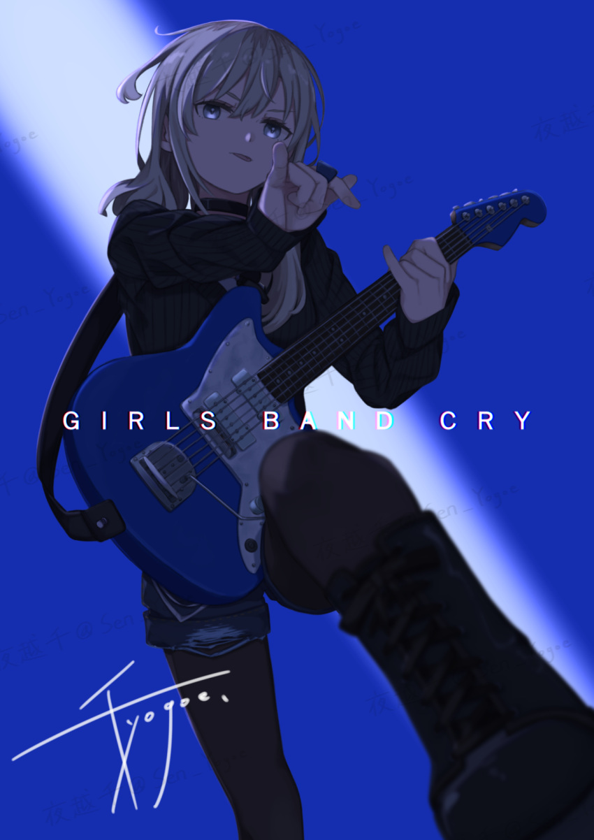 1girl black_choker black_footwear black_pantyhose black_sweater blue_background blurry boots choker commentary_request copyright_name depth_of_field girls_band_cry grey_eyes grey_hair guitar highres holding holding_guitar holding_instrument instrument kawaragi_momoka long_hair long_sleeves looking_at_viewer pantyhose pinky_out psychederhythm_psychomaster signature sweater tongue tongue_out yogoe_sen