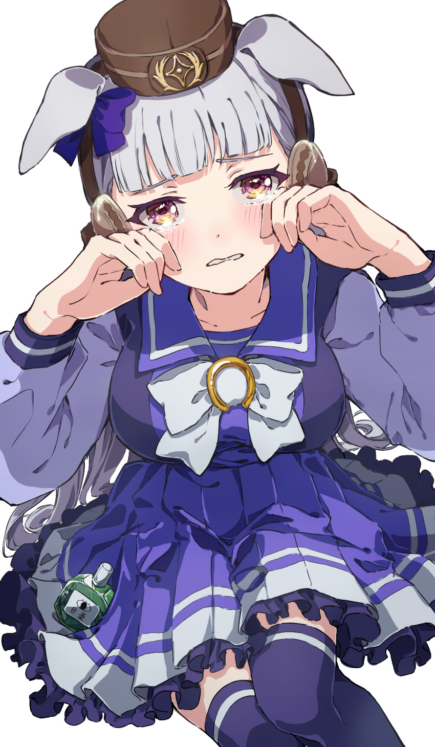 1girl animal_ears bow brown_hat commentary_request crying crying_with_eyes_open ear_bow gold_ship_(umamusume) grey_hair highres horse_ears horse_girl horse_tail komeko97 long_sleeves looking_at_viewer pillbox_hat pleated_skirt purple_bow purple_serafuku purple_shirt purple_skirt purple_thighhighs sailor_collar school_uniform serafuku shirt simple_background skirt solo tail tears thigh-highs tracen_school_uniform umamusume white_background white_bow winter_uniform yellow_eyes