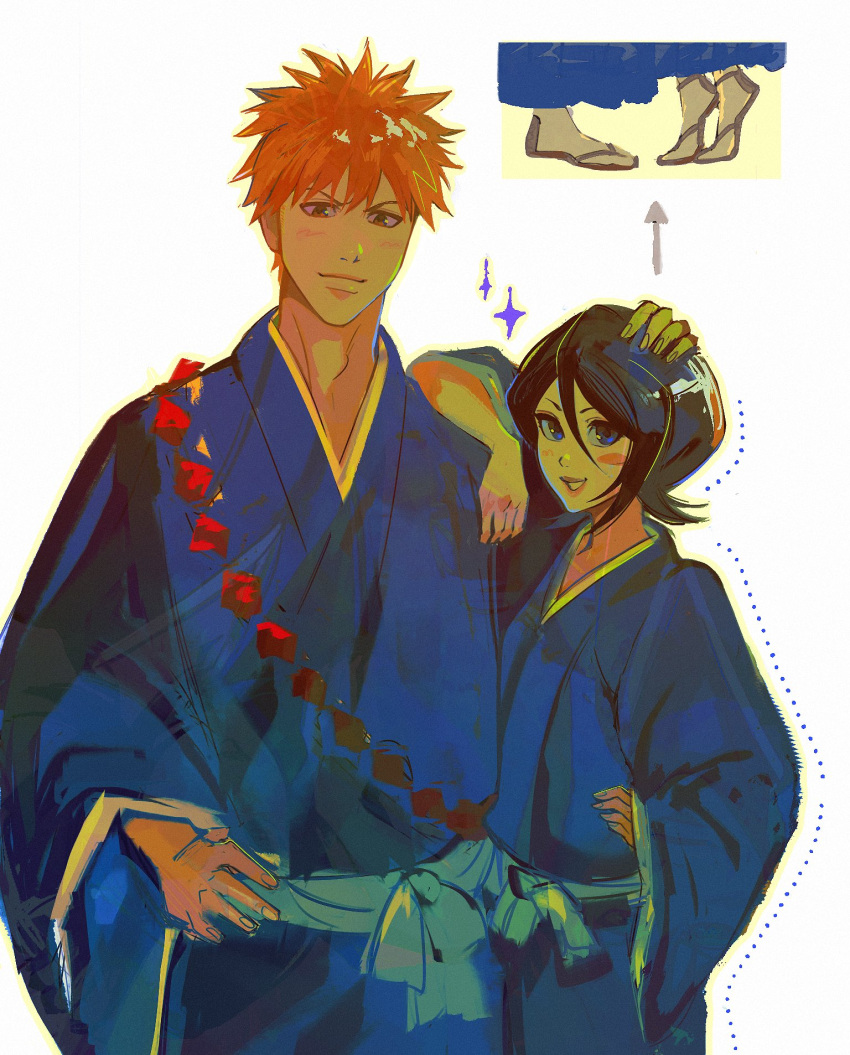 1boy 1girl arm_on_another's_shoulder belt black_hair black_kimono bleach blue_eyes blush breasts brown_eyes dotted_line feet_out_of_frame floppydisk7000 hand_on_another's_head hand_on_own_hip height_difference highres japanese_clothes kimono kuchiki_rukia kurosaki_ichigo medium_breasts open_mouth orange_hair pink_lips shihakusho short_hair simple_background smile spiky_hair teeth tiptoes white_background white_belt