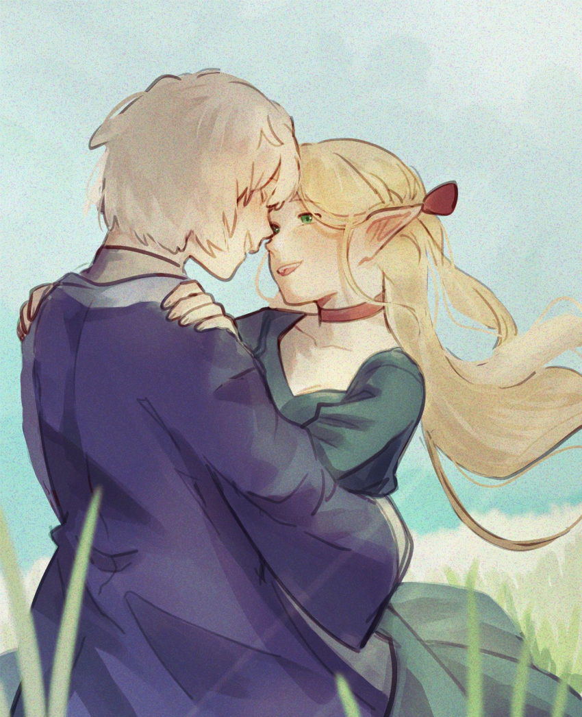 2girls blonde_hair blue_dress blue_robe blue_sky choker commentary day dress dungeon_meshi elf english_commentary falin_touden falin_touden_(tallman) grass green_eyes grey_hair hands_on_another's_shoulders highres hug long_hair looking_at_another marcille_donato multiple_girls outdoors parted_lips pawnyao pointy_ears red_choker robe short_hair sky smile yuri
