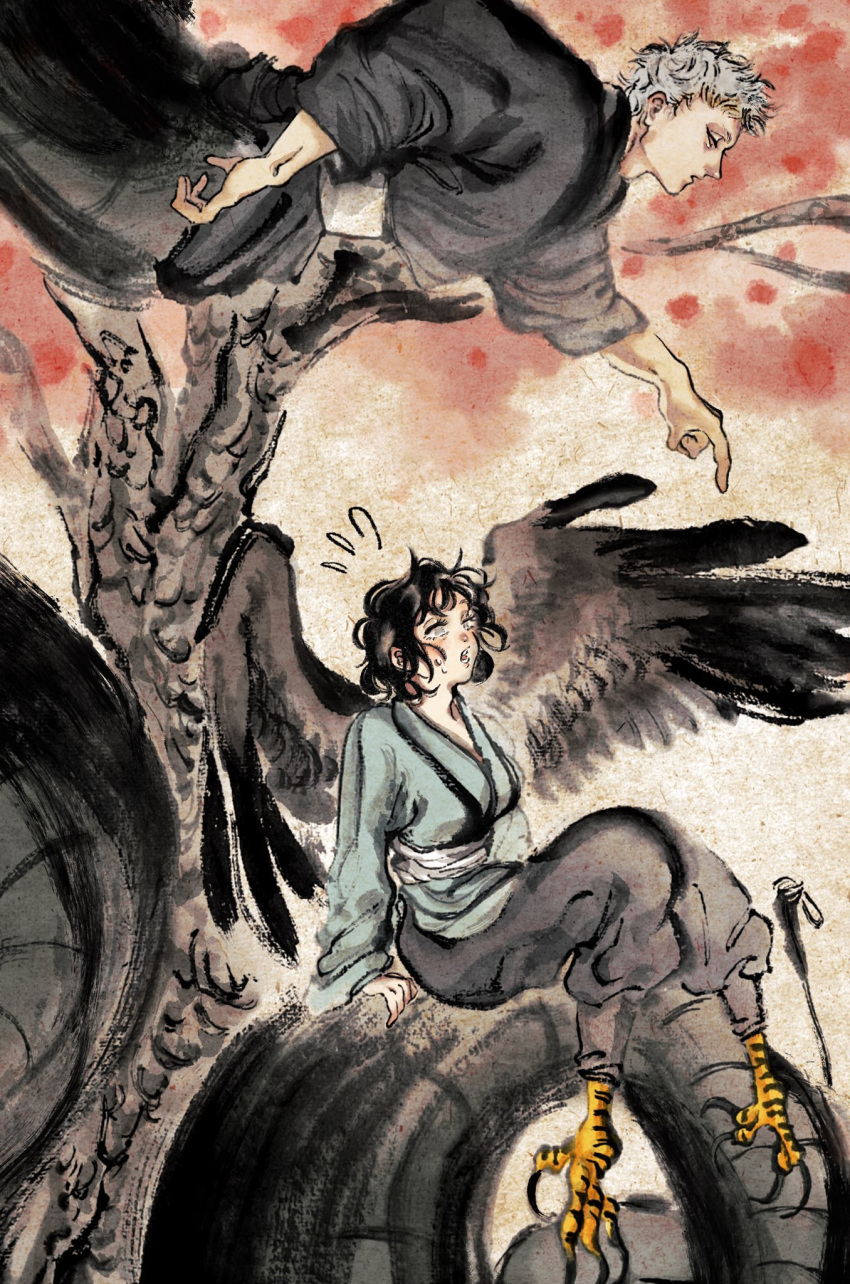 1boy 1girl 4_virgin animal_feet baggy_pants bird_legs bird_wings black_hair black_kimono black_pants black_scales blind blue_kimono brown_background brown_wings cane cherry_blossoms claws commentary_request feathered_wings flying_sweatdrops full_body grey_eyes grey_hair half-harpy highres japanese_clothes kimono lamia_boy long_sleeves looking_to_the_side monster_boy monster_girl nihonga open_mouth original outdoors pants pointing scales short_hair sitting sitting_on_person talons tree ukiyo-e very_short_hair wings