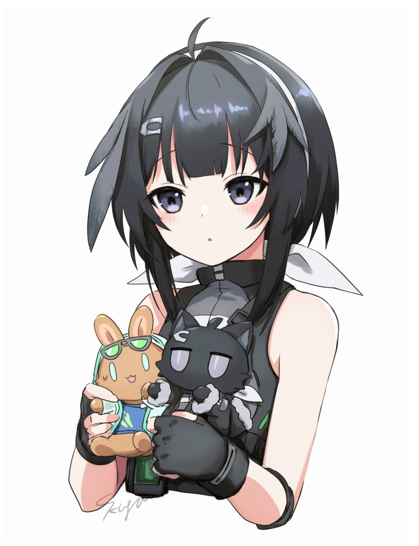 1girl 9kugai :o ahoge animalization arknights bare_shoulders bird_girl black_eyes black_gloves black_hair black_shirt commentary_request cropped_torso eyewear_on_head feather_hair fingerless_gloves gloves hair_intakes hair_ornament hair_ribbon hairband hands_up highres holding holding_stuffed_toy la_pluma_(arknights) parted_lips ribbon shirt signature simple_background sleeveless sleeveless_shirt solo stuffed_animal stuffed_toy sweatdrop tequila_(arknights) white_background white_hairband white_ribbon