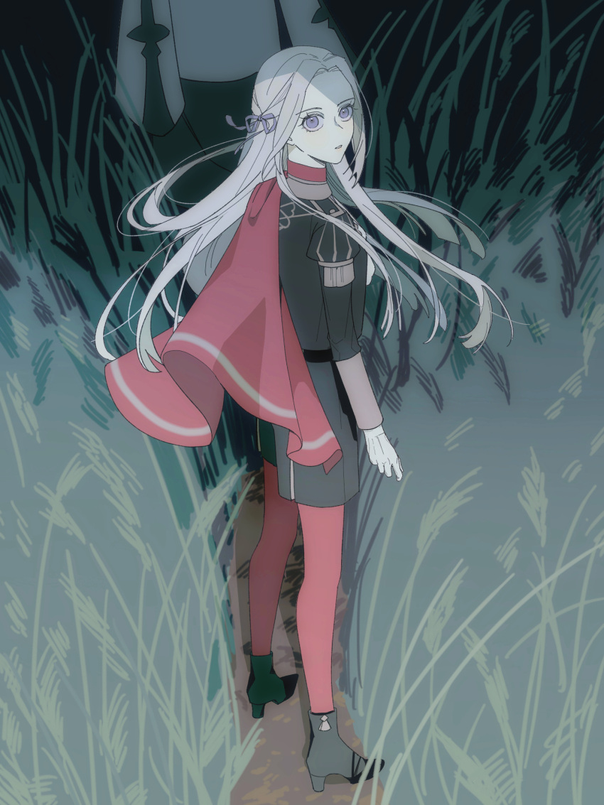 1girl 1other b_(wldms6650) black_footwear black_jacket cape commentary edelgard_von_hresvelg english_commentary fire_emblem fire_emblem:_three_houses floating_hair grass high_heels highres jacket long_hair long_sleeves looking_at_viewer looking_back night outdoors pantyhose parted_lips red_cape red_pantyhose violet_eyes white_hair