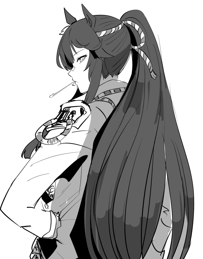 1girl absurdres animal_ears bandaid bandaid_on_face bandaid_on_nose commentary_request ear_ornament from_side greyscale hair_between_eyes hand_on_own_hip highres horse_ears horse_girl jacket long_hair long_sleeves looking_at_viewer megao_3rd monochrome mouth_hold narita_brian_(umamusume) photoshop_(medium) rope shimenawa solo stalk_in_mouth umamusume upper_body very_long_hair white_background