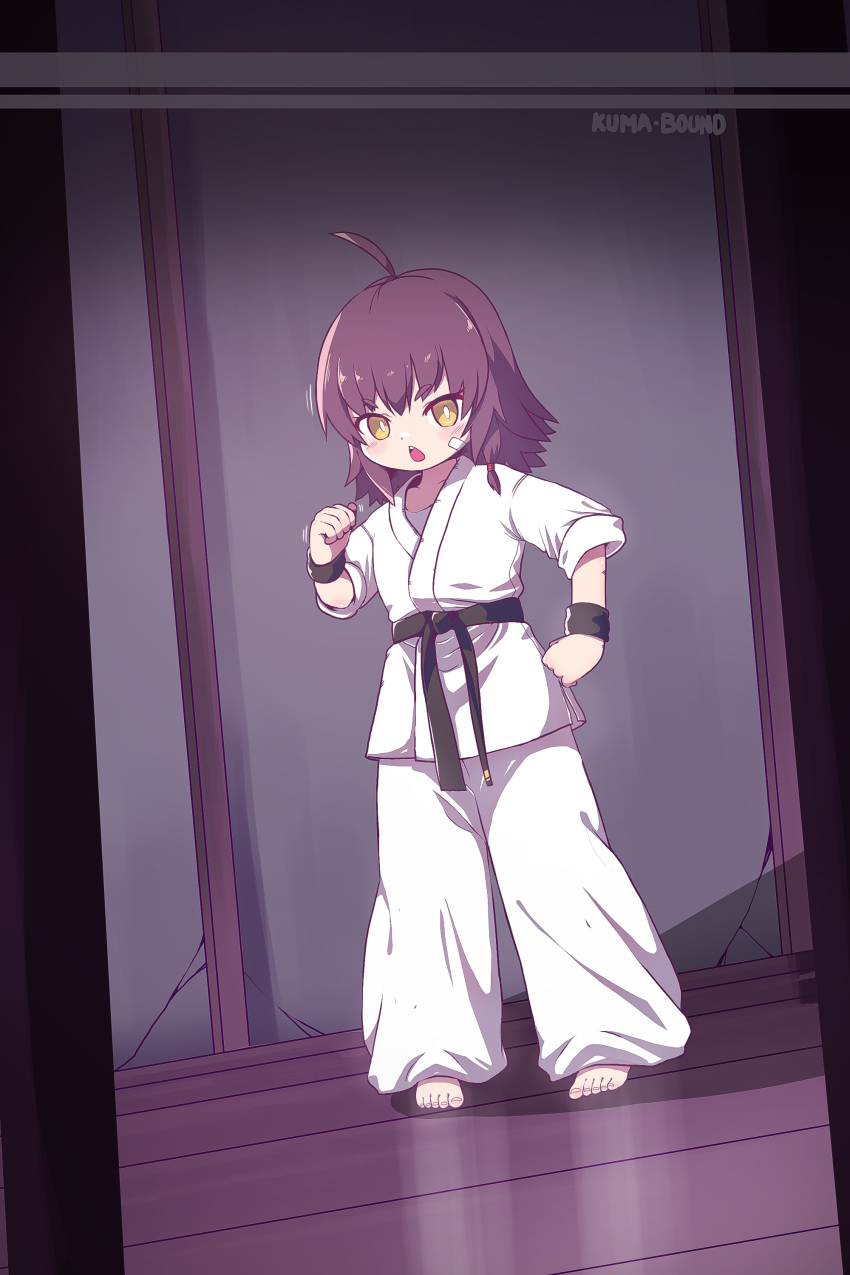 1girl absurdres ahoge artist_name barefoot belt black_belt chinese_commentary commentary_request dougi full_body highres kuma-bound martial_arts_belt medium_hair open_mouth original pants redhead solo standing toes white_pants yellow_eyes