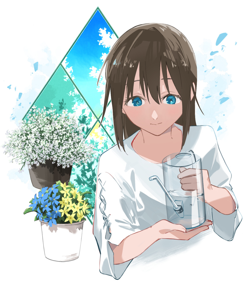 1girl blue_eyes closed_mouth commentary_request cropped_torso cross-laced_clothes cross-laced_sleeves flower_request haruruhaharur highres holding long_hair looking_down love_live! love_live!_nijigasaki_high_school_idol_club object_request osaka_shizuku plant potted_plant shirt sidelocks solo upper_body white_shirt