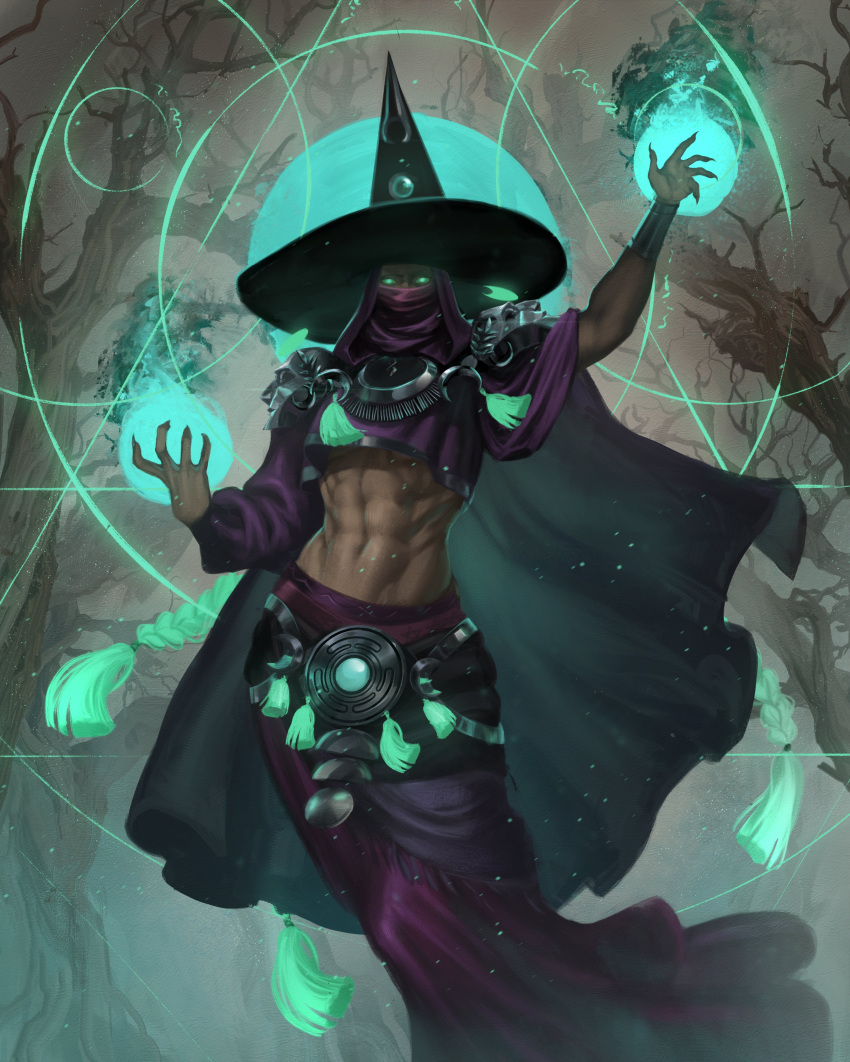 1girl abs absurdres armor breasts caio_santos colored_skin dark_skin glowing glowing_eyes hades_(series) hades_2 hat hecate_(hades) highres hood magic mask mouth_mask muscular navel shoulder_armor tagme toned_female under_boob witch_hat