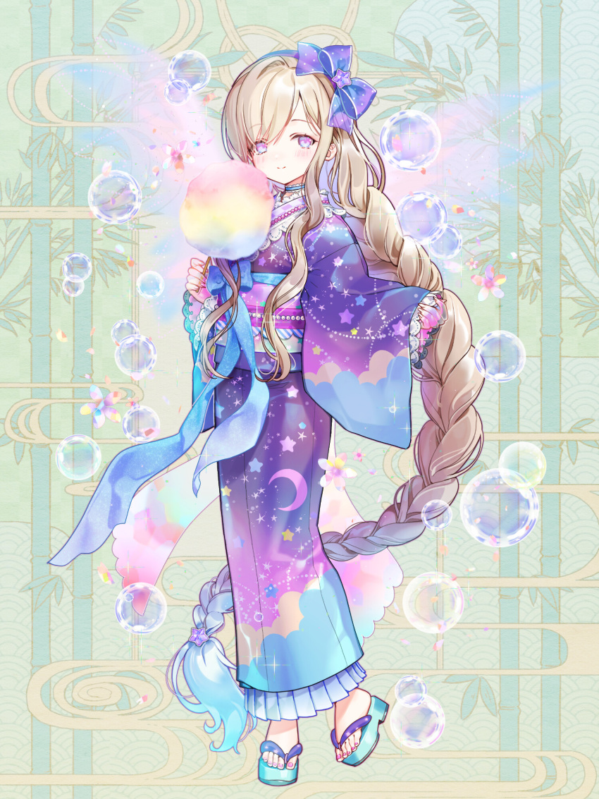 1girl aqua_footwear bamboo blonde_hair blue_bow blue_choker blue_eyes blue_hair bow braid bubble chain_paradox choker closed_mouth cloud_print cotton_candy crescent_print flower food full_body gradient_bow gradient_clothes gradient_hair green_background hair_bow hair_ornament highres holding holding_food japanese_clothes kimono lace-trimmed_kimono lace_trim light_blush long_sleeves looking_at_viewer multicolored_hair nail_polish obi okobo pinching_sleeves pink_eyes pink_nails polka_dot polka_dot_bow purple_bow purple_kimono sandals sash shiropbw single_braid smile solo star_(symbol) star_hair_ornament star_print toenail_polish toenails two-tone_eyes wide_sleeves yukata