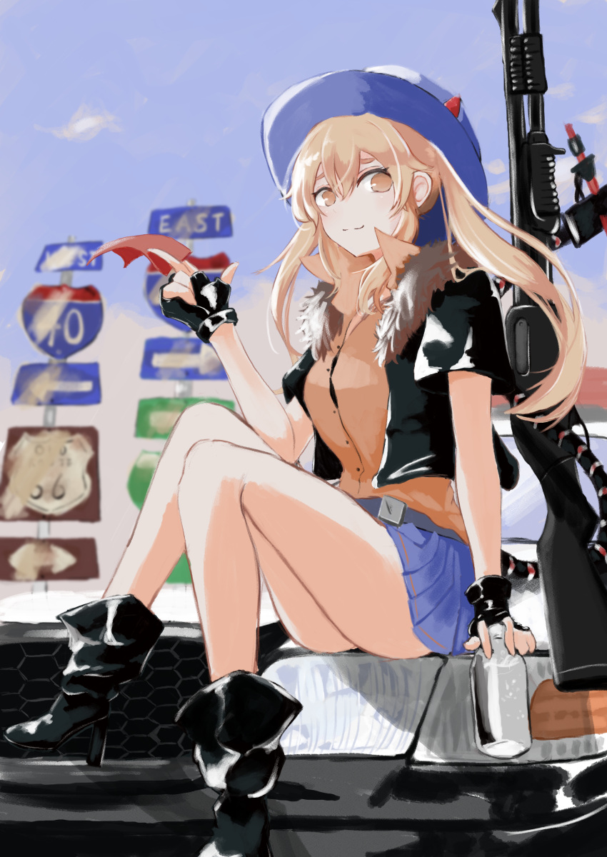1girl absurdres black_gloves black_jacket blonde_hair blue_skirt breasts closed_mouth fingerless_gloves girls_frontline gloves gun hat highres jacket looking_at_viewer m870_(girls'_frontline) mechanical_tail nisoichi orange_eyes pleated_skirt shirt sitting skirt solo tail twintails weapon