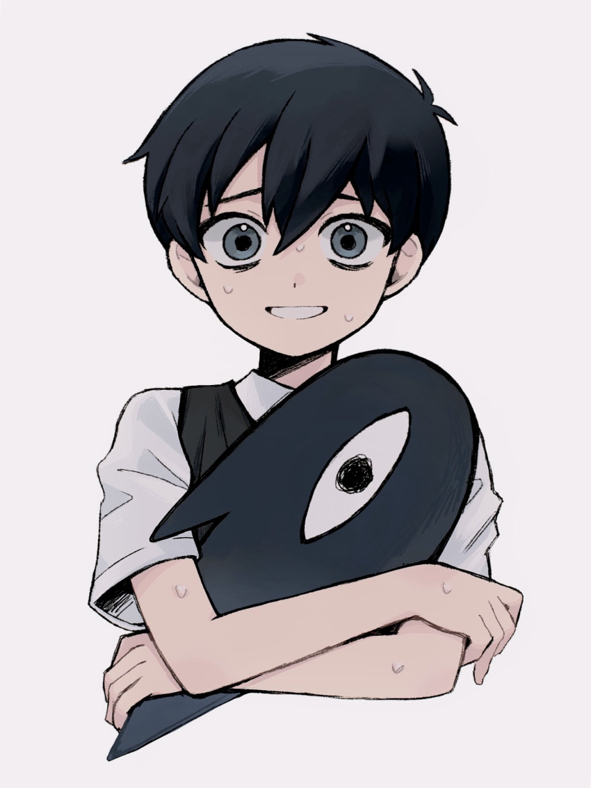 0tz026 1boy black_sweater_vest collared_shirt crossed_arms grey_eyes highres looking_at_viewer nervous_smile nervous_sweating omori parted_lips shirt short_sleeves simple_background smile solo sunny_(omori) sweat sweater_vest upper_body white_background white_shirt