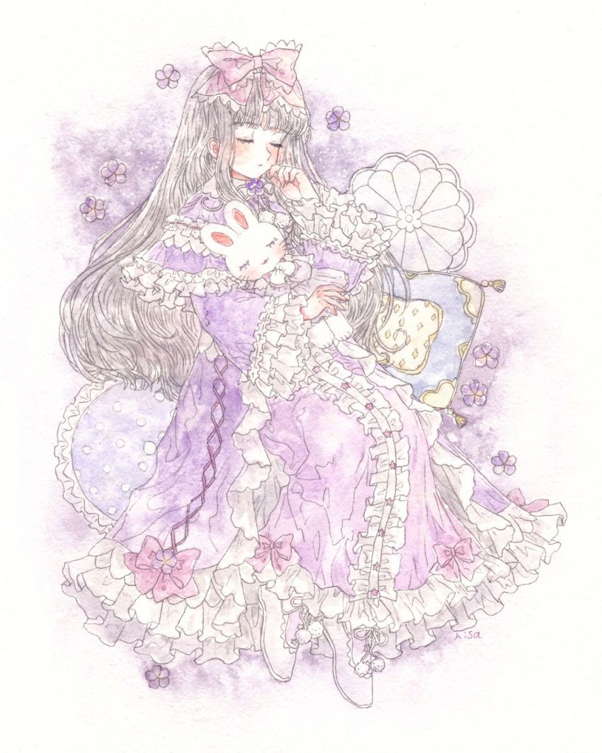 1girl blunt_bangs blush boots bow capelet closed_eyes closed_mouth cross-laced_clothes dress eyelashes flower footwear_bow frilled_bow frilled_capelet frilled_dress frilled_sleeves frills full_body grey_hair hair_bow highres holding lolita_fashion long_dress long_hair long_sleeves original painting_(medium) pillow pink_bow pink_dress purple_bow purple_dress purple_flower purple_theme rabbit ribbon sitting solo stuffed_animal stuffed_toy takanashi_tsubasa traditional_media watercolor_(medium) white_background white_footwear wide_sleeves
