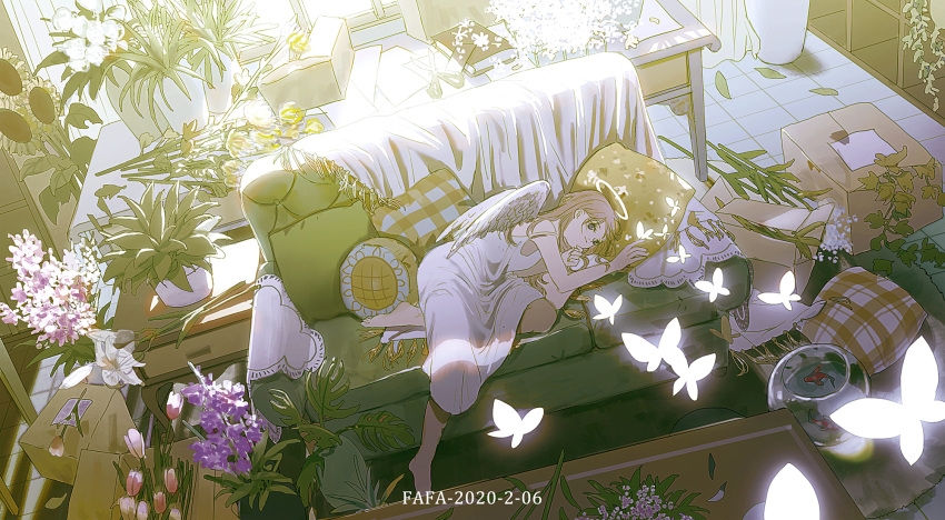 1girl angel angel_wings barefoot blanket blonde_hair bouquet box bug butterfly cardboard_box chinese_commentary commentary_request couch cushion dated day dress fishbowl flower from_above glowing_butterfly grey_eyes halo highres indoors kimonogo lily_(flower) long_hair lying on_couch on_side original pink_flower pink_tulip plant potted_plant scenery shelf sleeveless sleeveless_dress solo spaghetti_strap sundress sunflower table tulip white_butterfly white_dress wide_shot wings
