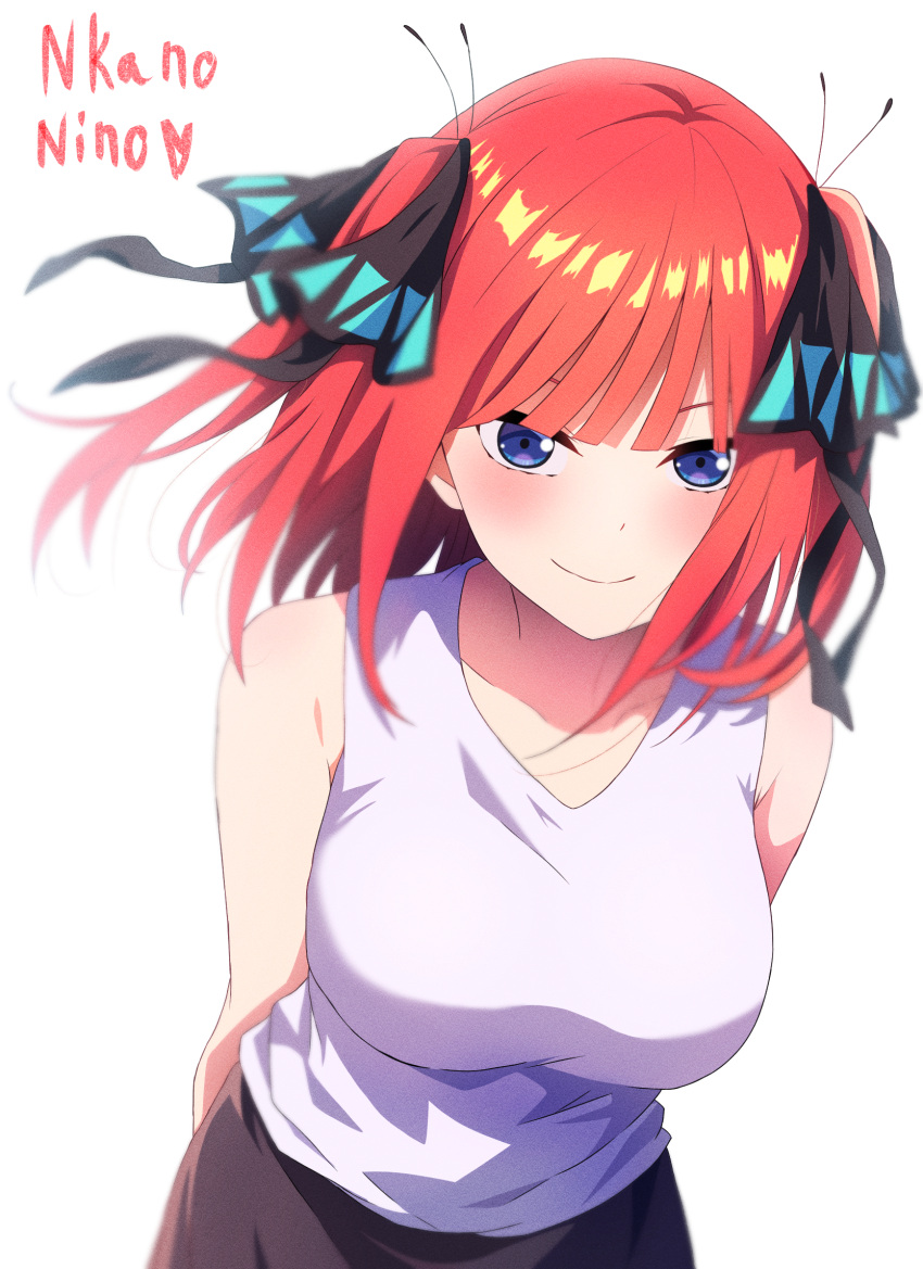 1girl arms_behind_back artistic_error bare_arms black_bow black_skirt blue_eyes bow breasts commission eyebrows_hidden_by_hair floating_hair go-toubun_no_hanayome hair_bow highres leaning_forward long_hair looking_at_viewer medium_breasts nakano_nino nuguri444 pixiv_commission redhead shirt skirt sleeveless sleeveless_shirt solo standing twintails white_shirt