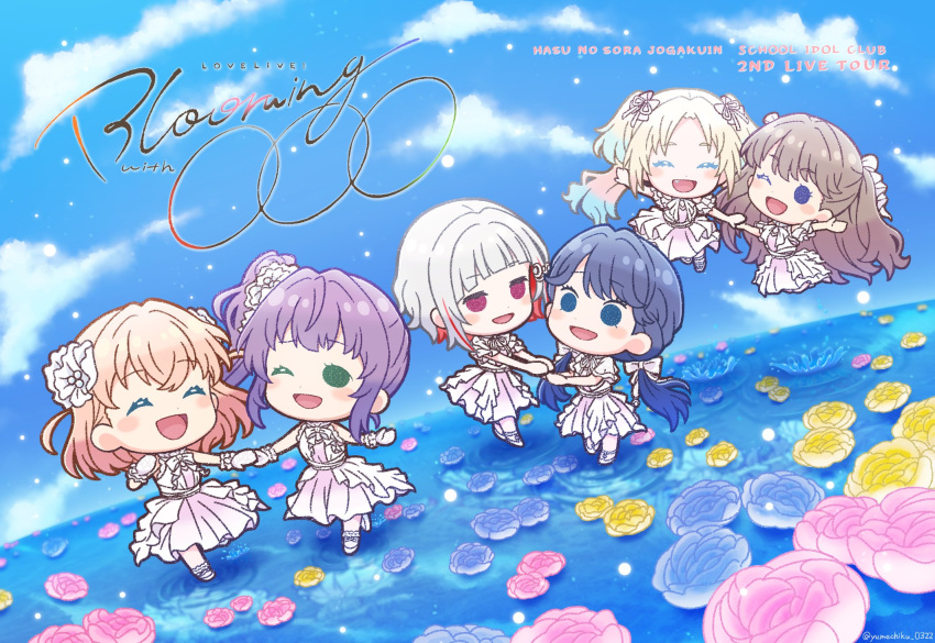 6+girls :d ;d ^_^ ascot blonde_hair blue_eyes blue_flower blue_hair blue_sky bow bowtie brown_hair cerise_bouquet chibi chibi_only closed_eyes clouds colored_eyelashes colored_inner_hair commentary_request copyright_name crossed_bangs dark_blue_hair diagonal_bangs dollchestra dress fang flower frilled_gloves frills fujishima_megumi gloves gradient_dress gradient_hair green_eyes grey_hair hair_bow hair_bun hair_ornament highres hinoshita_kaho holding_hands jumping light_blue_hair link!_like!_love_live! link_to_the_future_(love_live!) logo lone_nape_hair long_hair looking_at_another looking_at_viewer love_live! low_twintails medium_hair mira-cra_park! multicolored_hair multiple_girls murano_sayaka neck_ribbon one_eye_closed open_mouth orange_hair osawa_rurino otomune_kozue parted_bangs pearl_hair_ornament pink_dress pink_flower purple_hair red_eyes redhead ribbon running short_hair short_sleeves side_ponytail sidelocks single_side_bun sky sleeveless sleeveless_dress smile solid_circle_eyes standing standing_on_liquid streaked_hair twintails two_side_up violet_eyes virtual_youtuber white_ascot white_bow white_bowtie white_dress white_footwear white_gloves white_ribbon yellow_flower yugiri_tsuzuri yumechiku
