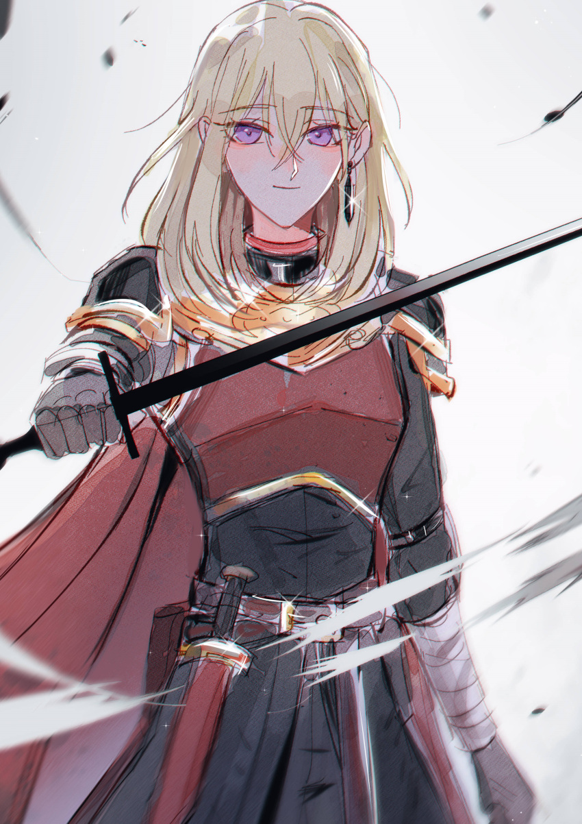 1girl absurdres armor bang_dream! bang_dream!_it's_mygo!!!!! belt black_jacket blonde_hair breastplate closed_mouth commentary cowboy_shot dagger earrings gloves grey_background grey_gloves hair_behind_ear highres holding holding_sword holding_weapon jacket jewelry knife long_hair looking_at_viewer maybecrosswise misumi_uika smile solo sword violet_eyes weapon