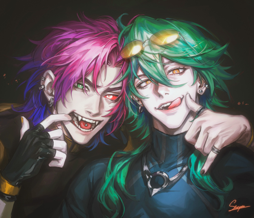 2boys absurdres black_gloves black_nails black_shirt blue_shirt colored_sclera dark ear_piercing eyewear_on_head ezreal fangs fingerless_gloves gloves green_eyes green_hair hair_between_eyes hand_on_another's_shoulder hand_to_own_mouth head_tilt heartsteel_ezreal heartsteel_kayn heterochromia highres jewelry kayn_(league_of_legends) league_of_legends licking_lips light_smile looking_at_viewer male_focus medium_hair multiple_boys night open_mouth orange_eyes parted_bangs piercing portrait purple_hair red_sclera ring shirt staryoruu sunglasses teeth tongue tongue_out tongue_piercing turtleneck yellow_nails
