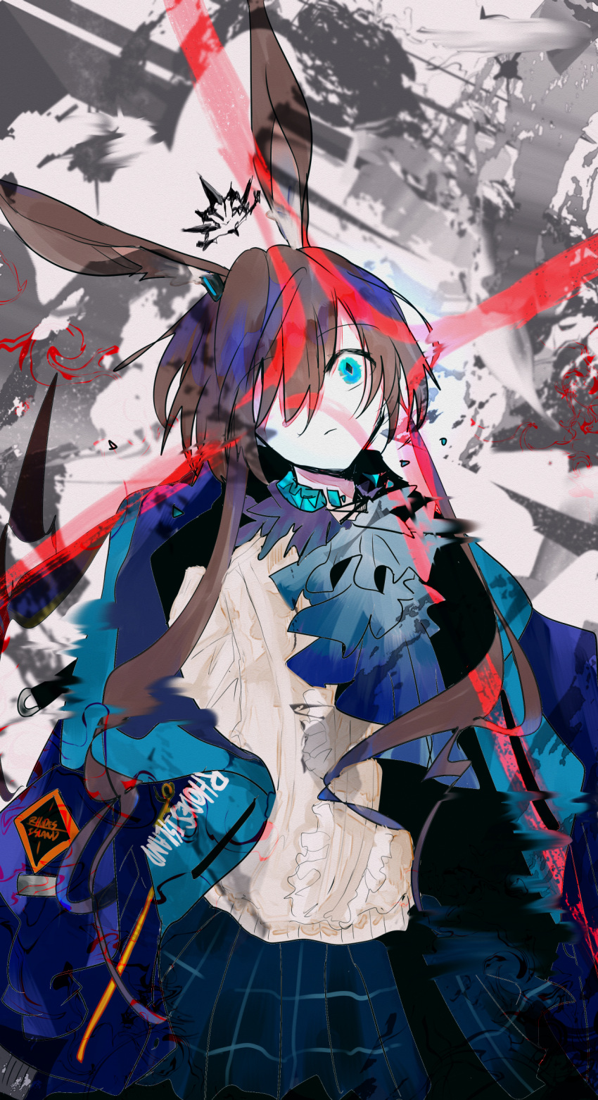 1girl abstract_background amiya_(arknights) animal_ears arknights ascot blue_ascot blue_coat blue_collar blue_eyes blue_skirt broken_collar brown_hair closed_mouth coat collar cowboy_shot diffraction_spikes distortion empty_eyes floating_crown grey_background hair_over_one_eye hair_over_shoulder head_tilt highres hotananu infection_monitor_(arknights) long_hair long_sleeves looking_at_viewer low_ponytail off_shoulder one_eye_covered open_clothes open_coat plaid plaid_skirt pleated_skirt rabbit_ears shirt skirt solo standing white_shirt