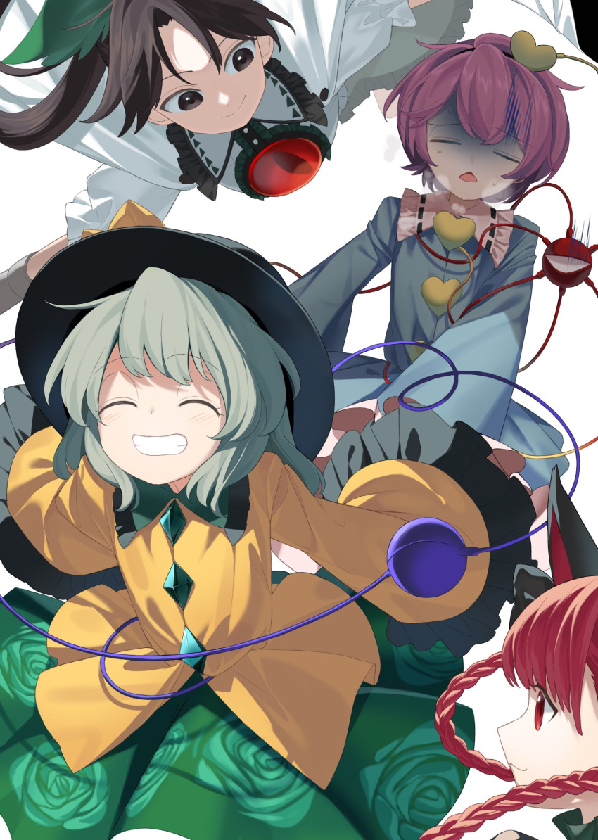 4girls =_= ^_^ animal_ears arms_behind_back black_eyes black_hair black_hat blue_shirt blush braid breath buttons cape cat_ears chest_jewel chestnut_mouth closed_eyes closed_mouth commentary diamond_button exhausted facing_viewer floating_hair floral_print frilled_shirt_collar frilled_sleeves frills gem green_skirt grin hair_between_eyes hair_ornament happy hat heart heart_button heart_hair_ornament heavy_breathing highres kaenbyou_rin keiki8296 komeiji_koishi komeiji_satori long_hair long_sleeves looking_at_another medium_hair multiple_girls open_mouth pink_hair print_skirt red_eyes red_gemstone redhead reiuji_utsuho rose_print running shaded_face shirt short_hair simple_background skirt smile touhou twin_braids white_background white_cape white_shirt wide_sleeves yellow_shirt