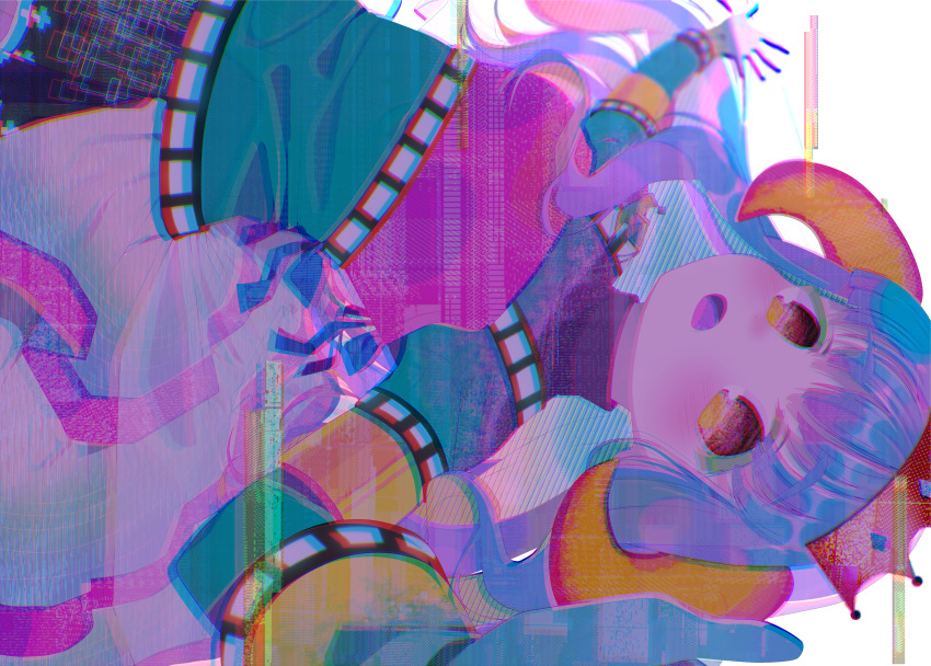 1girl :o absurdres amane_hikari aqua_shirt armor black_skirt blue_gloves blue_hair breastplate chromatic_aberration commentary_request crown dutch_angle frilled_skirt frills futaba_sana glitch gloves gradient_gloves gradient_hair hair_down highres horns long_sleeves looking_at_viewer magia_record:_mahou_shoujo_madoka_magica_gaiden magical_girl mahou_shoujo_madoka_magica multicolored_hair official_alternate_costume open_mouth orange_eyes outstretched_arm pink_armor pink_hair scanline_hair sheep_horns shirt sideways simple_background skirt solo turtleneck uwasa_no_sana wavy_hair white_background yellow_gloves yellow_horns