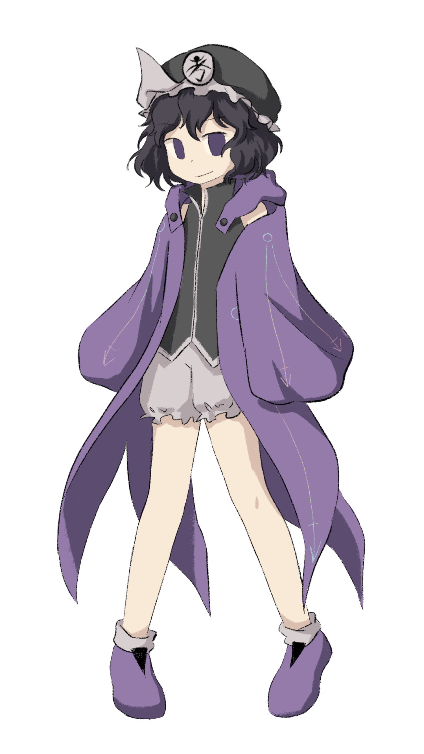 1other androgynous baila_kuangzi black_hair black_hat black_shirt chinese_commentary coat commentary_request frilled_hat frilled_shorts frills full_body hat highres len'en long_sleeves open_clothes open_coat other_focus purple_coat purple_footwear shirt shitodo_kuroji short_hair shorts simple_background sleeveless sleeveless_shirt sleeves_past_wrists socks triangular_headpiece violet_eyes white_background white_shorts white_socks wide_sleeves