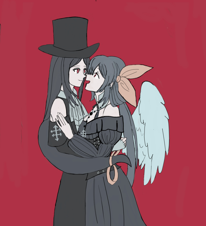 black_dress black_hair blue_hair couple dizzy_(guilty_gear) gothic_lolita guilty_gear guilty_gear_strive looking_at_another red_eyes tail tesdizzy testament_(guilty_gear) top_hat yuri